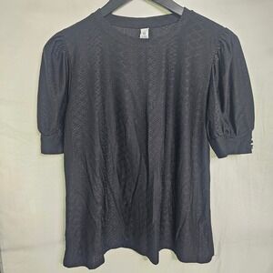 B. Young Black Pointelle Knit Puff Sleeve Blouse Top‎ XL Short Sleeve Round Neck